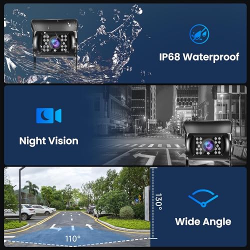 7 Inch HD Reversing Camera Monitor, IP69 Waterproof IR Night Vision Rear View Camera for Truck, Bus, Van, Camper, Pickup, 15M Cable