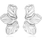 FAUTHENTICUTE Chunky Gold Statement Earrings For Women Gold Plated Sectored Flower Leaf Shell Angel Wing Earrings Trendy Boho Jewelry For Women Large Stud Earrings Hypoallergenic Earrings