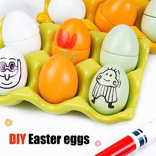 3 otters 12PCS Wooden Egg Toys, Play Eggs for Kids Pretend Play Food Set Cutting Food Toys Easter Eggs for Toddlers 3+