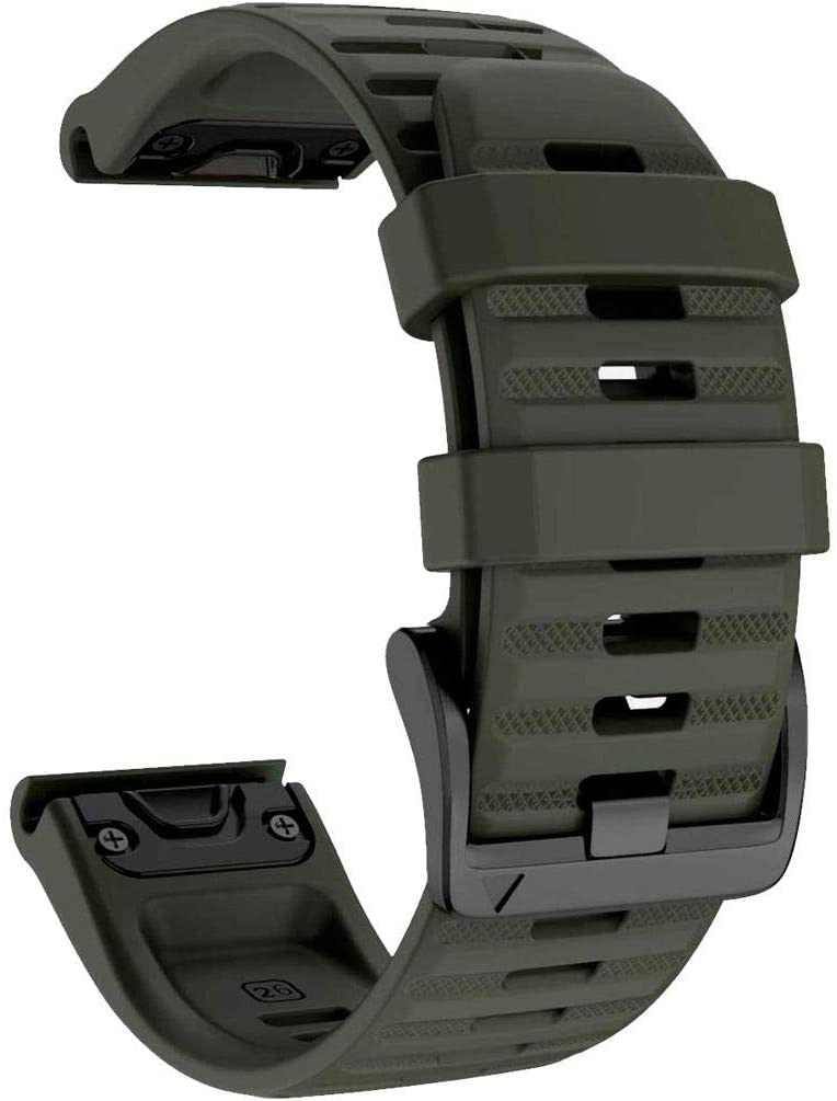 INF 26mm Army Green Silicone Watch Strap for Garmin Fenix 5X/5X Plus/6X/6X Pro/3HR/D2 Charlie/Descent Mk2i/Mk1/Enduro - Waterproof Soft Durable Wristband with Nickel-Free Stainless Steel Buckle