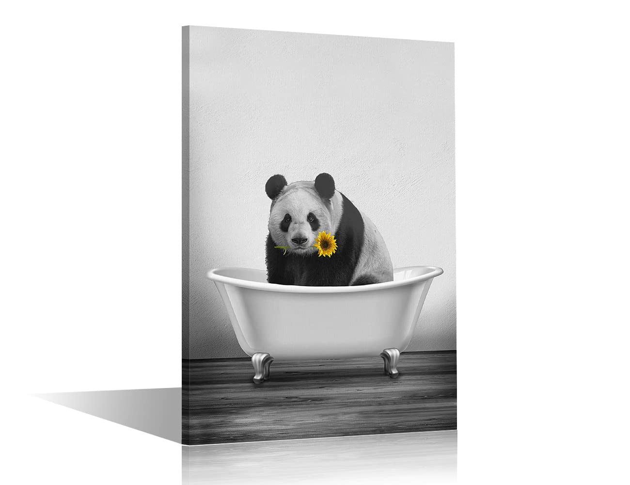 Bathroom Decor Wall Art Canvas Bathroom Pictures Panda in The Bathtub with Sunflower Black and White Framed Animal Artwork Wall Decor for Bedroom Living Room Decoration 16x24inch (40x60cm)