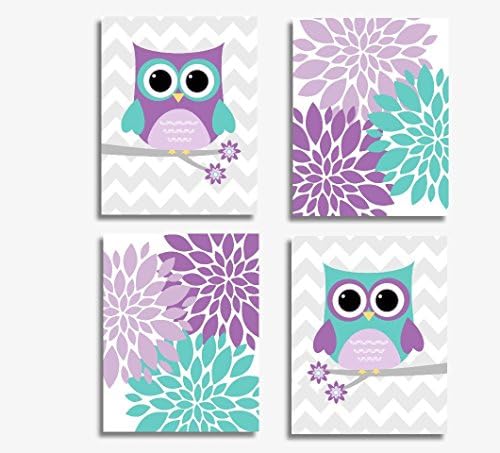 CANVAS Baby Girl Nursery Wall Art Purple Lavender Teal Aqua Love Owls Mum Dahlia Baby Nursery Décor SET OF 4 CANVAS