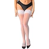 MERYLURE Thigh High Stockings Silicone Lace Top Stay Up Silk Semi Sheer Pantyhose for Women Hold Up Nylon Lingerie