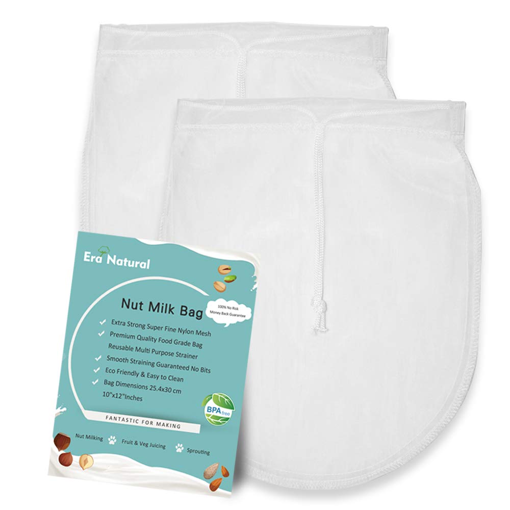 Era Natural Nut Milk Bag Reusable 2 Pack 12" x 10" Cheesecloth Bags for Straining Almond/Soy Milk Greek Yogurt Strainer Milk Nut Bag for Coffee Tea Beer Juice Nylon Mesh Cheese Cloth