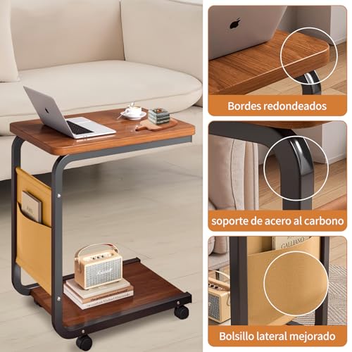 RUKKOVIL Mesa Auxiliar Sala con Ruedas, Mesa para Cama de Noche 2 Niveles en Forma de C, Mesitas para Sala con Estructura de Metal, Dormitorio, Trabajar Desde Casa, para Estudiar, Salón