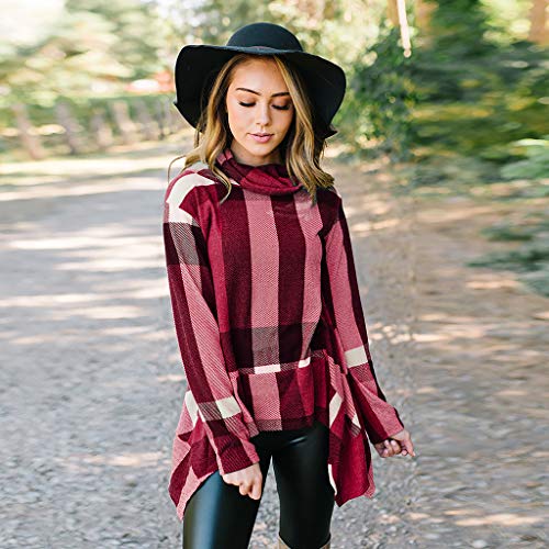 TIFENNY Women's Roll-Neck Plaid Stripe Pullover Spring Long Sleeve Irregular Hem Tops Blouse Shirt Sweatshirt Red - Thumbnail 3