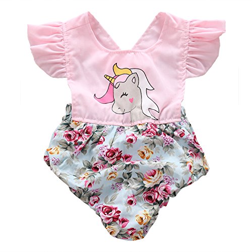 Newborn Baby Girls Sweet Floral Ruffle Backless Romper Unicorn
