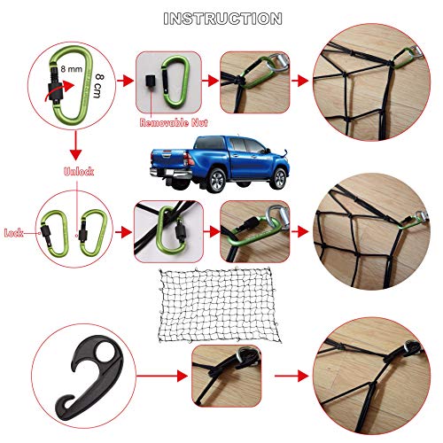 Seah Hardware 4 x 6 FT Super Duty Bungee Cargo Net for Truck Bed Stretches to 8 x 12 FT | 24 Pieces Universal Hooks| Small 4 x 4 Inches Mesh| Bonus 43.3 x 15.7 inch Envelope Cargo Net