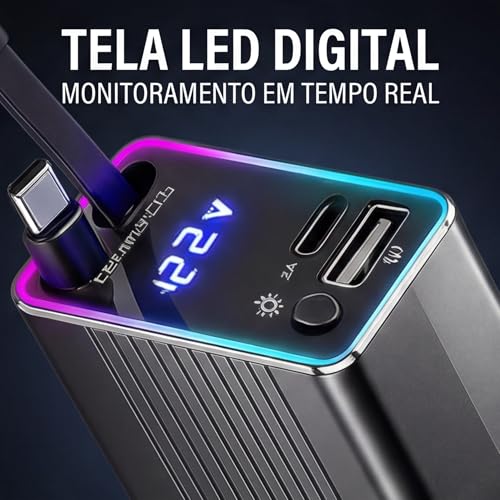 Carregador Veicular Premium Retrátil 4 em 1 | Carregamento Turbo 120W com Cabos Integrados | USB e USB-C | Tela LED Digital | Compatível com Android e iPhone | 12V/24V
