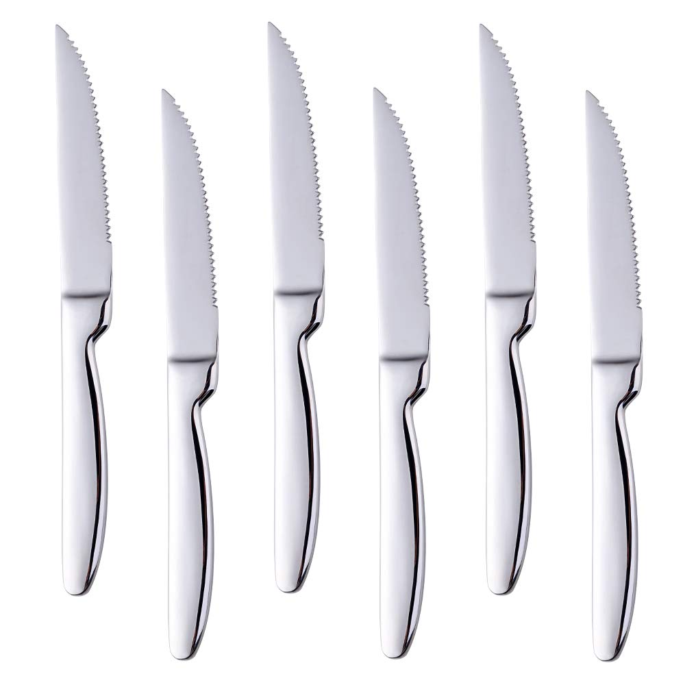 BISDARUN Stainless Steel Serrated Steak Knives Set of 6, Silver Dinner Knives Table Knifes for Cutting Steak Meat Dishwasher Safe, 8.66 Inches (22CM)