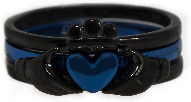Panvisionary Claddagh Ring Thin Blue Line Stainless Steel Black and Blue 3 Piece Set