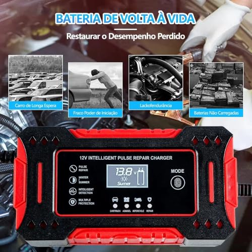Carregador de Bateria Inteligente 12V Bivolt com Display Digital – Para Carro, Moto e Caminhão | Proteção contra Superaquecimento, Sobrecarga, Curto-Circuito e Compensação de Temperatura - Premium