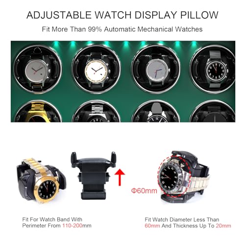 DUKWIN Watch Winder for 2/4/6/8 Automatic Watches with Key Lock, 3/6 Extra Watch Storages,4 Rotation Modes, LED Light, Super Quiet Motor, Spring Watch Pillows for Men＆Women