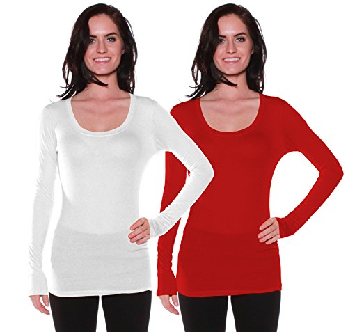 Active Basic Womens Plain Basic Scoop Neck Long Sleeves Tshirt Tee Top - 2 PK - White, Red, M