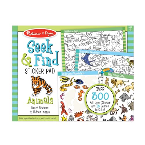 Melissa & Doug Seek & Find Sticker Pad – Animals, 400+ Stickers & 14 Scenes to Color, Search & Find Sticker Activity Pad for Coloring & Matching, Creative Learning Toys for Kids 4+ - FSC Certified