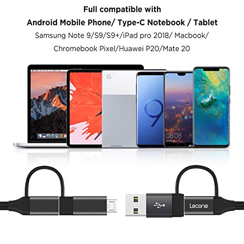 4 in 1 Multi USB Charging Cable with Data Transfer, Lecone 1.2m/ 4FT Nylon Braided Cord Charger Adapter with USB C x2/Micro USB/USB Ports for Android and Type C Devices[Black] - Thumbnail 7