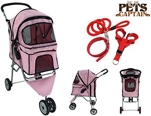 PetsCaptain Pet Stroller Cat &amp; Dog Folding Travel Carrier Carriage with Leash, Harness, and Collar Bundle (3-Wheel, Pink)