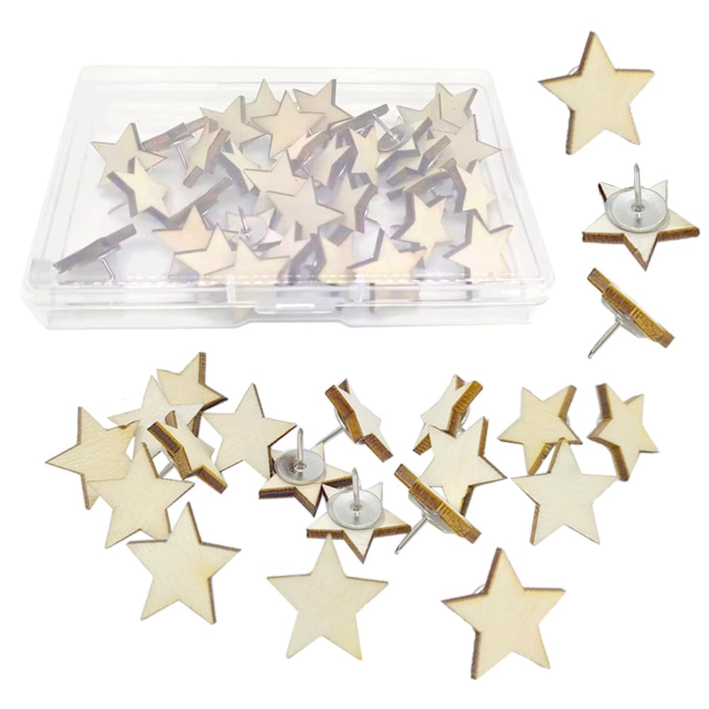 Photo 1 of  Wood Push Pins Star Shape Cute Decorative Thumbtacks for Cork Boards Map Photos Calendar and Home Office Craft Projects with Box?Star?