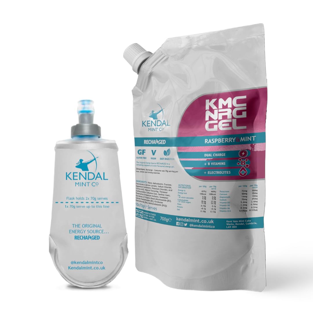 KMC NRG Gel Energy Gel & Refillable 150ml Flask Refreshing Raspbery & Mint, Vegan, Gluten Free (10x70g Serves & 150ml Refillable Flask)