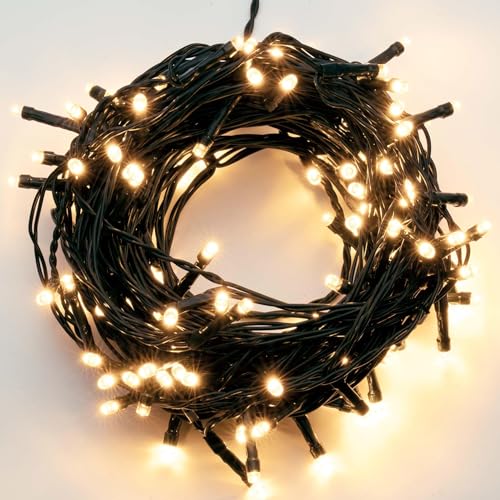 hellum LED Lichterkette außen mit 400 LED, Lichterkette Strom warmweiß mit Timer-Funktion, outdoor 49,9m mit Außen-Transformator, Kabel grün 577204