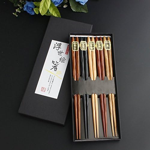 Grancy Luxury Natural Wooden Chopsticks Unique Multicolored Multicultural Ancient Asian Wisdom Reusable Classic Style 5-piece Gift Set