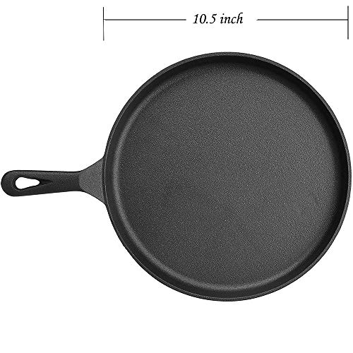 Kookantage Cast Iron Round Griddle 10.5" Pan - Pre-Seasoned Skillet with Handle Grip Grill or BBQ Hot Plate Pans