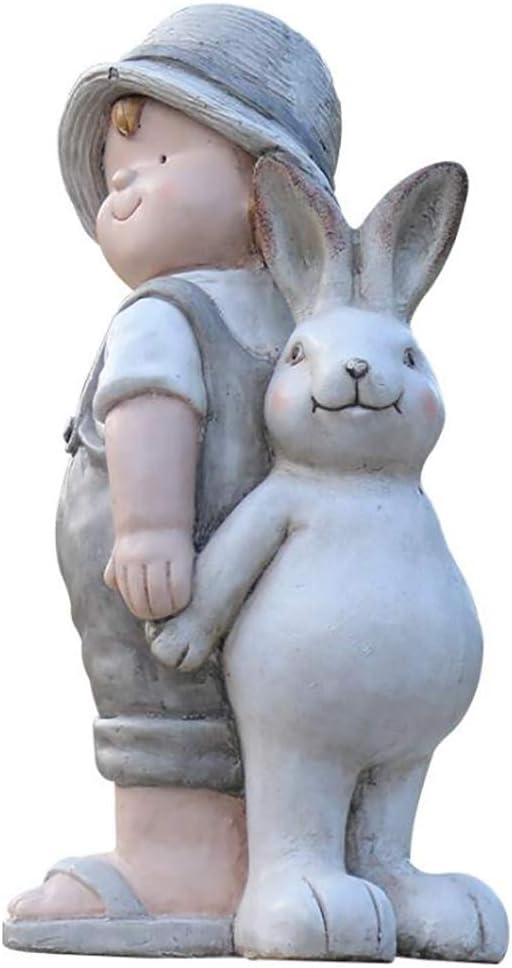 Resin Garden Sculpture,Modern Patio Statue Rabbit and Boy Back to Back Figurines Idea for Outdoor Entryway Patio Deck Decor White 22x15x40cm(8.7x5.9x15.7inch)