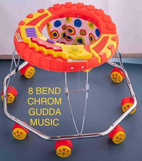 Krishna Industries Big Base Round Apple Musical Eight Band Chrome Walker for 9 Months to 1.5 Years-RED (Multi)