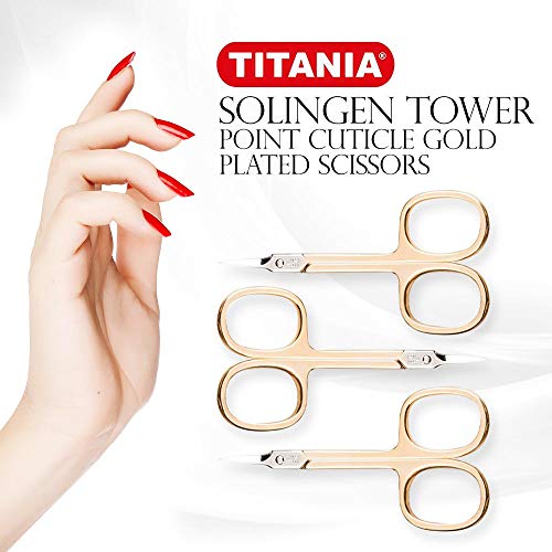 Titania Germany Solingen Tower Point Cuticle Scissors - Professional Grade Gold Plated Curved Manicure & Pedicure Trimmer - For Fingernails, Toenails, Dry Skin & Callus Cutting