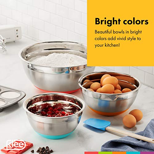 Klee Stainless Steel Mixing Bowls Set of 5 – Non Slip Mixing Bowls with Rubber Bottom – Colorful Mixing Bowls with Measurements – Nesting Mixing Bowls Set with Silicone Base – Kitchen Mixing Bowl Set