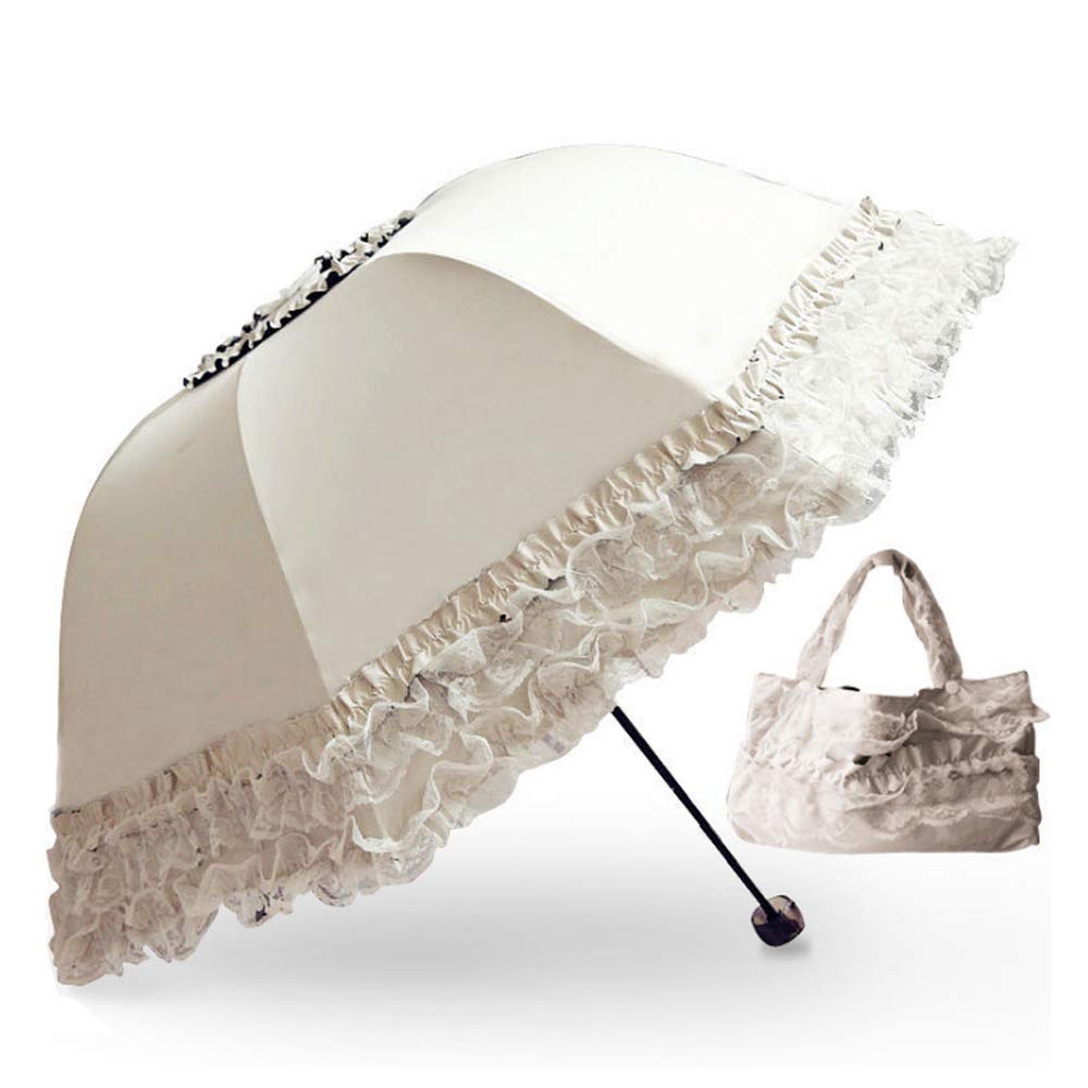 Princess Lace Vintage Lace UV Sun Parasol Folding 3D Flower Embroidery Umbrella 3 Folding Blue Rainy days, snowy days, sunny days are available (apricot)