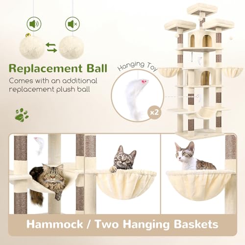 Globlazer Large Beige Cat Tree XXL Height 204 cm with 3 Padded Perches, 2 Kennels, 2 Baskets, Hammock, Stable Cat Tower for 3-5 Adult Cats Rest Play Scratching (F80, Beige)