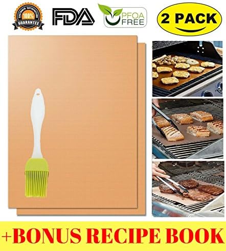 GKJ Copper Grill Mat (2 Pack) + 1 Basting Brush + RECIPE BOOK – Non-stick BBQ Grill &amp; Baking Mats – FDA Approved, PFOA Free, Reusable, Easy to Clean – Works on Gas, Charcoal, Electric Grill and More