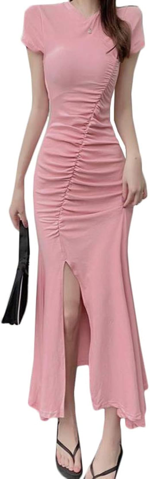 Amazon Co Jp ｄｍｂｉｎｓｈｕｎ ワンピース レディース 半袖 ロング丈 タイトワンピース スリット セクシー ボディコン マキシワンピース タイト キャバ嬢 ドレス パーティー Freesizeピンク 服 ファッション小物