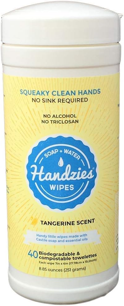 Handzies Natural Soap and Water Hand Wipes, 40 count Pop-up Canister, Hypoallergenic, Tangerine Scent.
