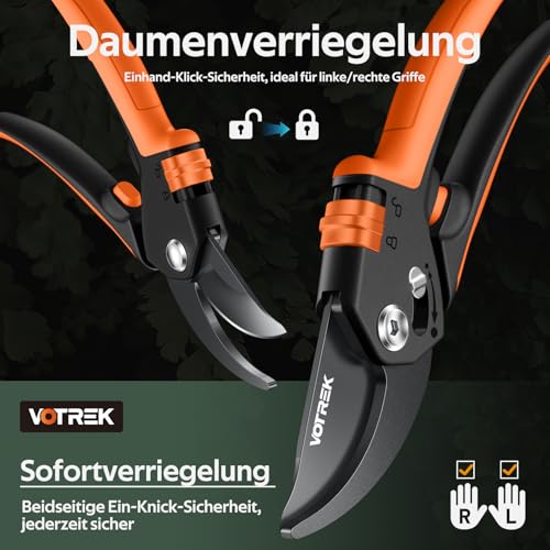VOTREK 8.5 inch bypass secateurs with continuous handle opening, professional rose shears & pruning shears with SK5 steel and internal spring for effortless cutting - ideal for weak hand strength. Bracelet: Gift
