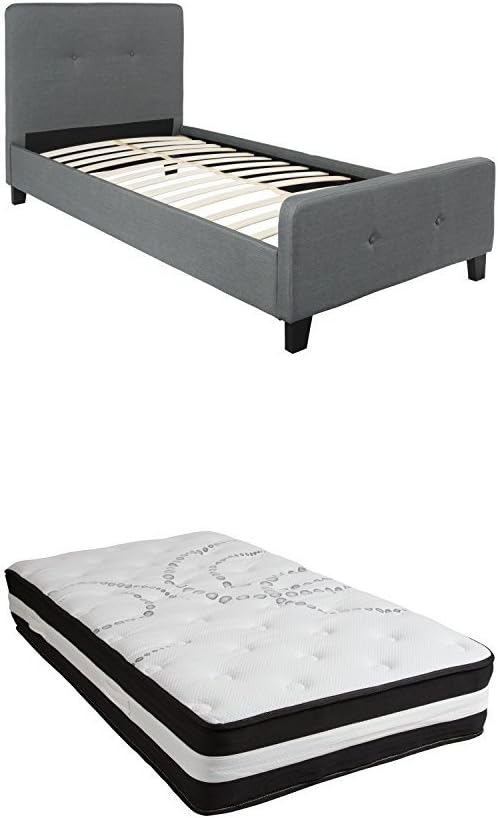 Flash Furniture Tribeca Twin Size Tufted Upholstered Platform Bed in Dark Gray Fabric with Pocket Spring Mattress