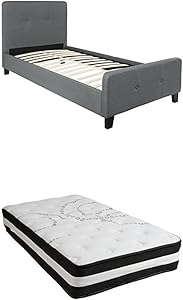 Flash Furniture Tribeca Twin Size Tufted Upholstered Platform Bed in Dark Gray Fabric with Pocket Spring Mattress