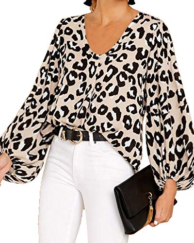 Imysty Womens Oversized Lantern Sleeve Chiffon Blouse Tops Casual Loose V Neck Shirts Pullover (Medium, Leopard)