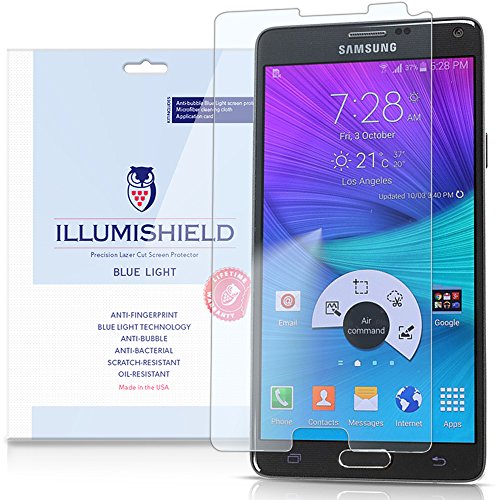 iLLumiShield - Samsung Galaxy Note 4 Screen Protector with HD Blue Light UV Filter and Lifetime Replacement Warranty / Premium High Definition Clear Film / Reduces Eye Fatigue and Eye Strain - Anti- Fingerprint / Anti-Bubble / Anti-Bacterial Shield - [2-Pack] Retail Packaging (Flat OLED)