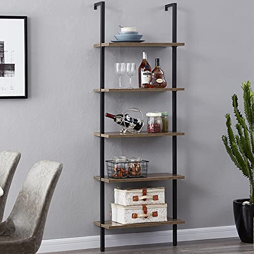 SUPERJARE Industrial Ladder Shelf, 5Tier Wood WallMounted Bookcase
