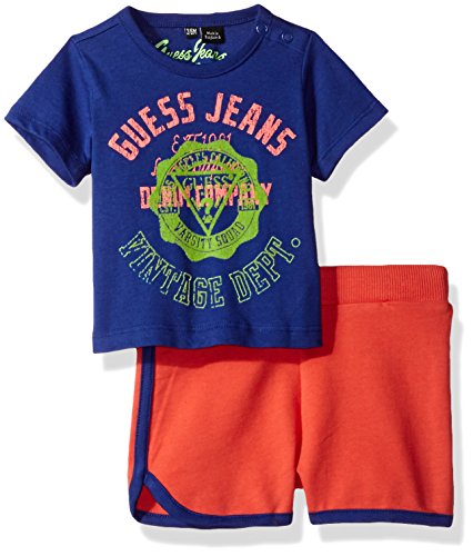 GUESS Baby Boys' Set Sleeve Jeans T-Shirt and Short, Boston Blue, 12M