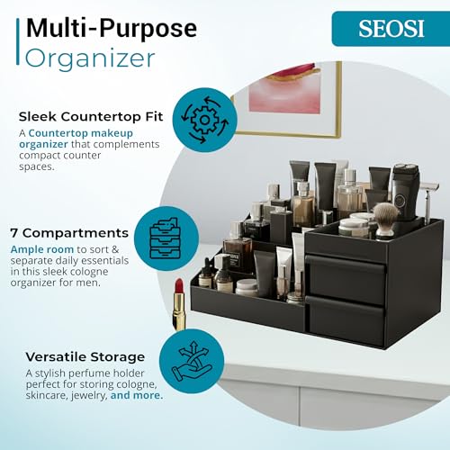 SEOSI Cologne Organizer for Men,Bathroom Organizers Shaving Tools Men,Perfume Organizer with Drawer,Dresser Organizer Countertop for Men's Bedroom Essentialsnd storage, bathroom decor (Black, Medium)