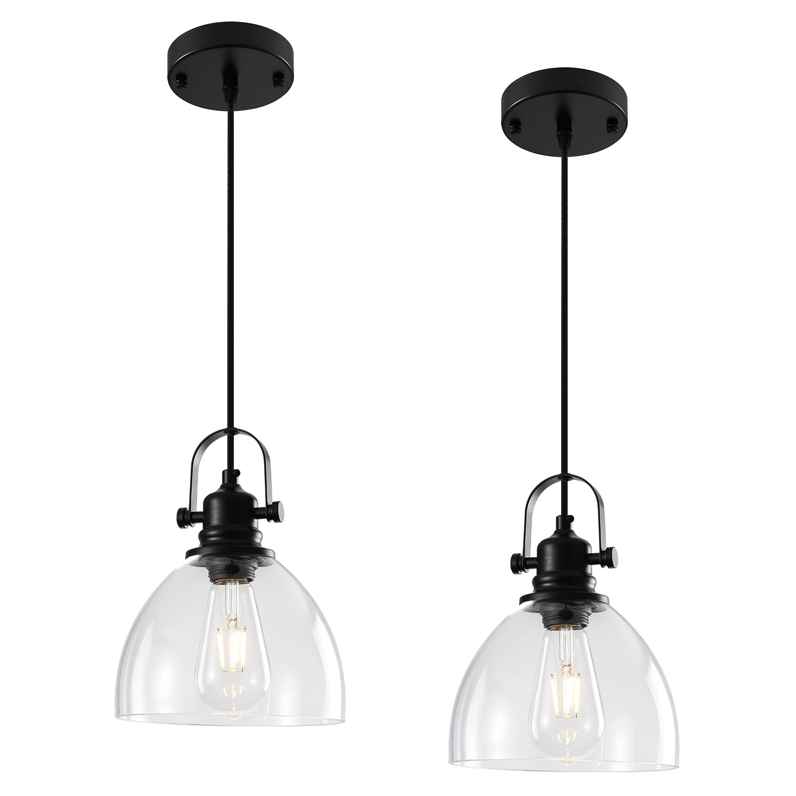 Black Pendant Lights Kitchen Island, 7.5'' Modern Glass Pendant Light 2 Pack, Farmhouse Pendant Lights with Clear Glass Shades, Hanging Island Pendant Lights for Kitchen, Bedroom, Bathroom