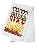 Sacramento, California - Skyline and Sunburst Screenprint Style (100% Cotton Absorbent Kitchen Towel)