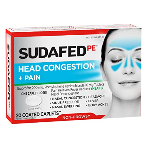 SUDAFED PE NON-DROWSY HEAD CONGESTION + PAIN RELIEF CAPLETS WITH IBUPROFEN 200 MG & PHENYLEPHRINE HCL 10 MG, NASAL DECONGESTANT & NSAID PAIN RELIEVER & FEVER REDUCER, 20 CT