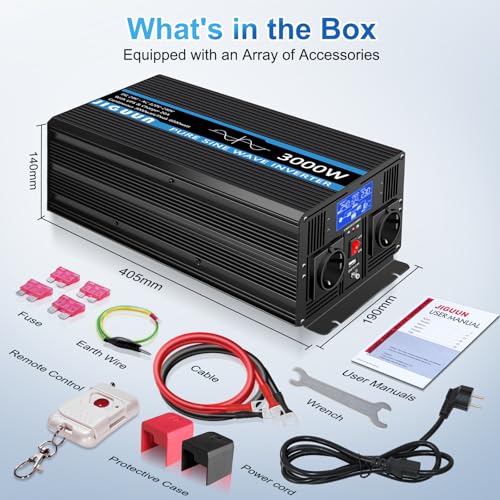 JIGUUN 3000W/6000W Inverter 24V 220V Pure Wave Inverter | Charger 20A and Priority Circuit Network and UPS,2 EU outlets, Wireless Remote Control and LCD Display