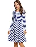 ANGVNS Long Sleeve Striped Patchwork Fit and Flare Swing Dress For Women