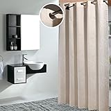 Light Beige and White Flowers Pattern ,Mildew Proof and Waterproof Polyester Fabric Macrocyclic Hookless Shower Curtain for Bathroom (72Inch*72Inch)