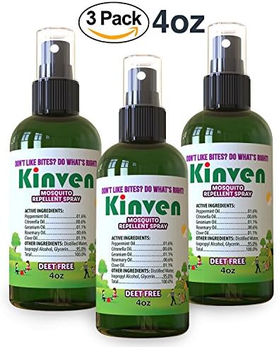 Kinven Anti Mosquito Repellant Bundle - Mosquito Repellent Spray 4oz (3 bottles), Waterproof, with Natural Oils, DEET-free, Indoor &amp; Outdoor Bite Protection, Non-toxic, No Mosquito Net Needed